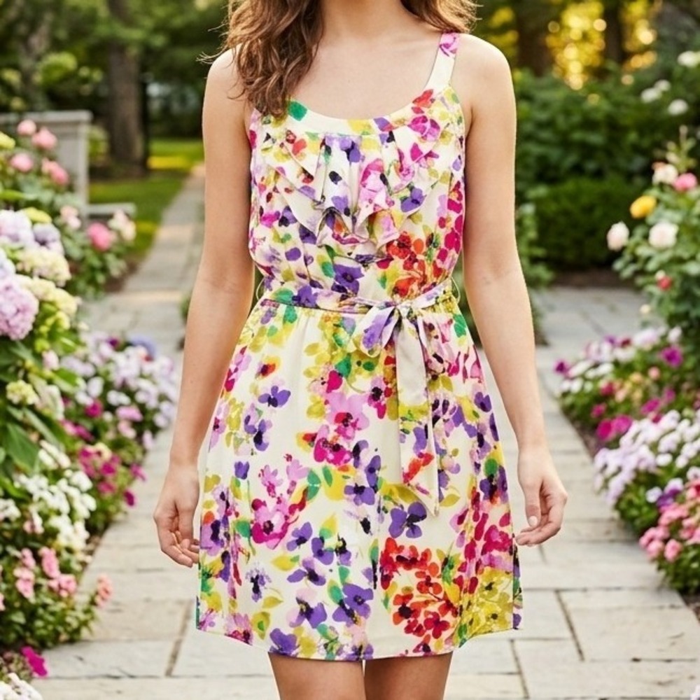 Express Floral Ruffle Mini Dress Womens Medium Multi Color Watercolor Sleeveless